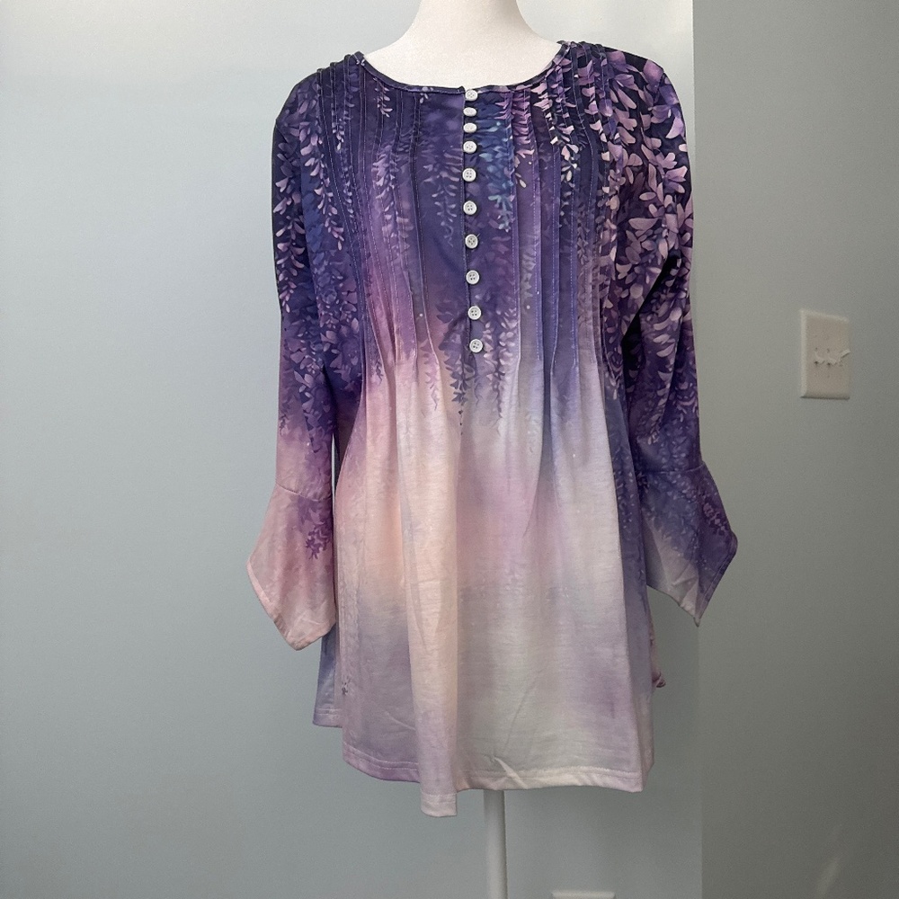 NWT Purple Floral Popover Blouse With Tuxedo Placket & Trumpet Sleeves Size XXL